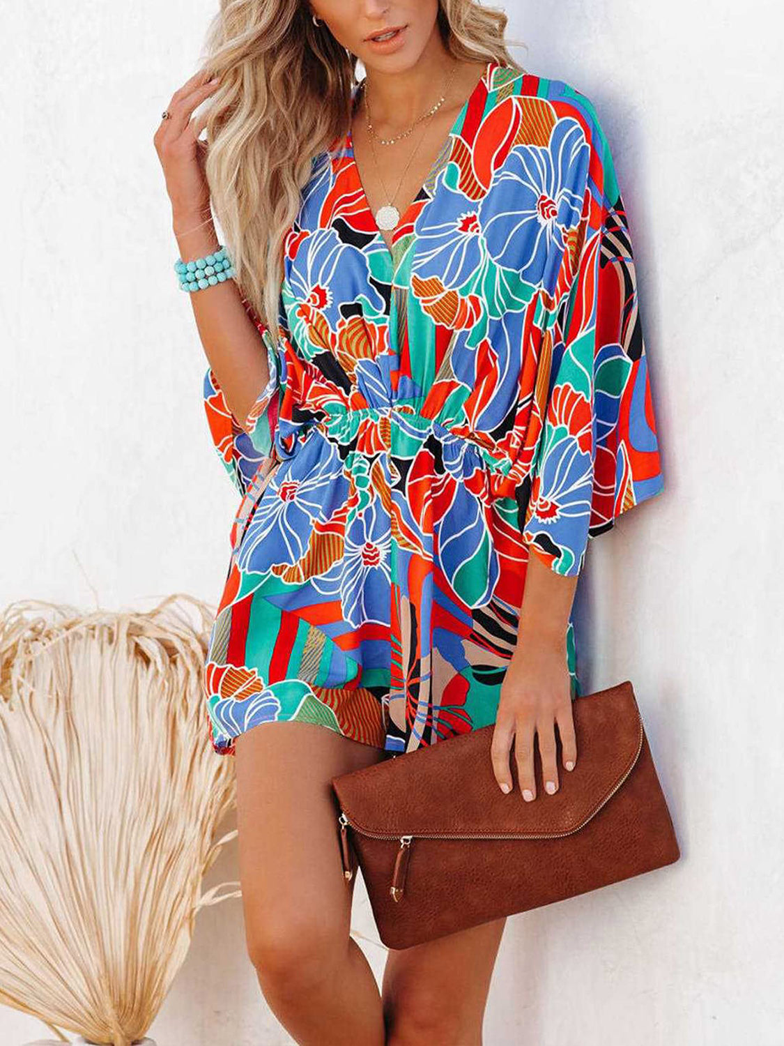 Tied Printed Kimono Sleeve Romper